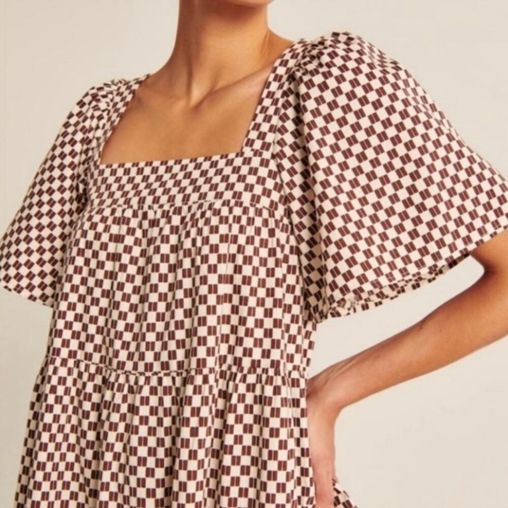 Abercrombie & Fitch Angel Sleeve Trapeze Mini Dress Brown Checkered Size Medium - Picture 14 of 14
